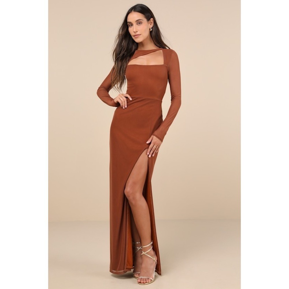 Lulus Remarkable Attitude Rust Mesh Asymmetrical Cutout Maxi Dress Brown